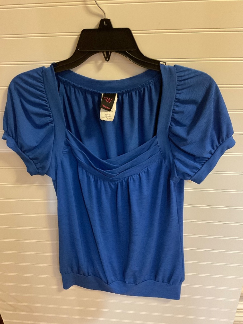 Wrapper Womenโs Medium Royal Blue Surplice Blouse Ruched Short Sleeve Banded Hem